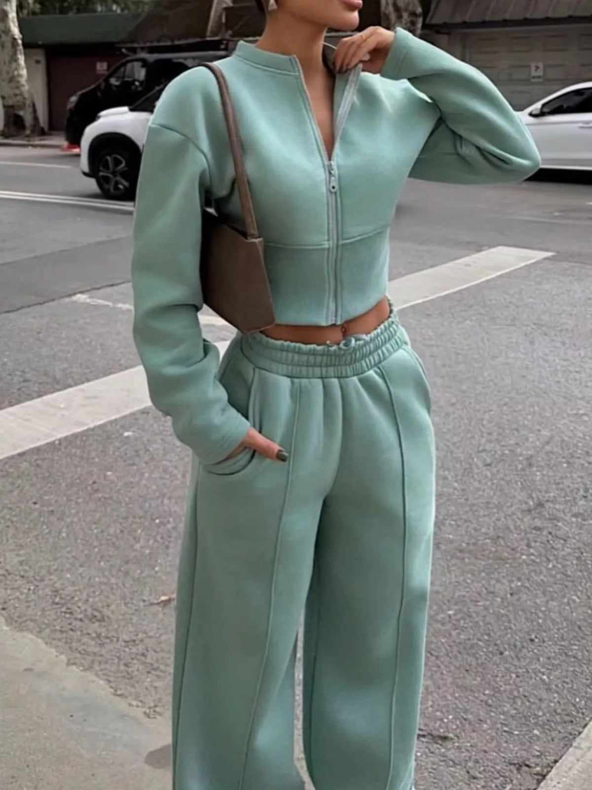 Zip-Up Crop Jacket and Wide-Leg Pants Set