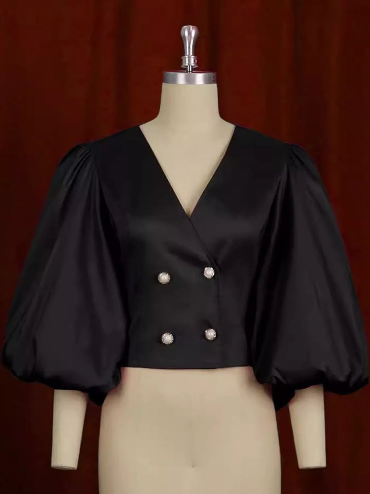 Plus Size Double-Breasted Puff Sleeve Blouse, L to 4XL