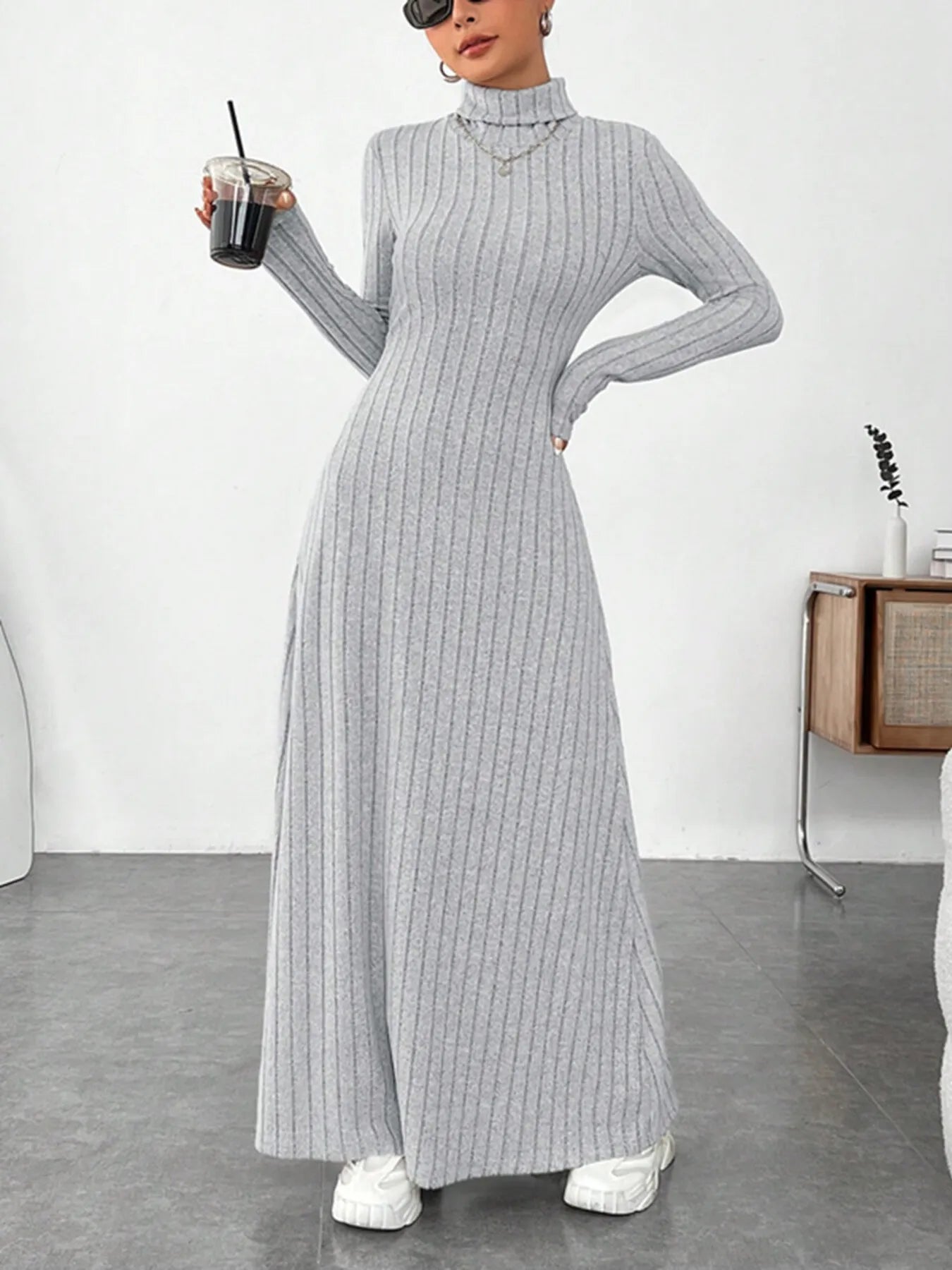 Turtleneck Ribbed Maxi Knit Dress