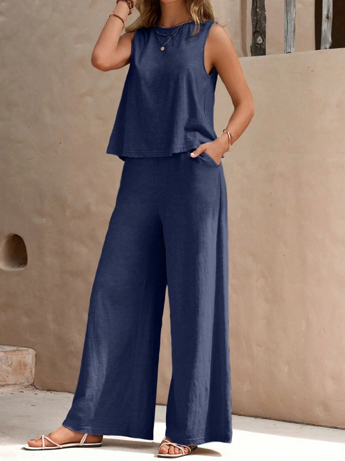 Sleeveless Top and Wide Leg Pants Set