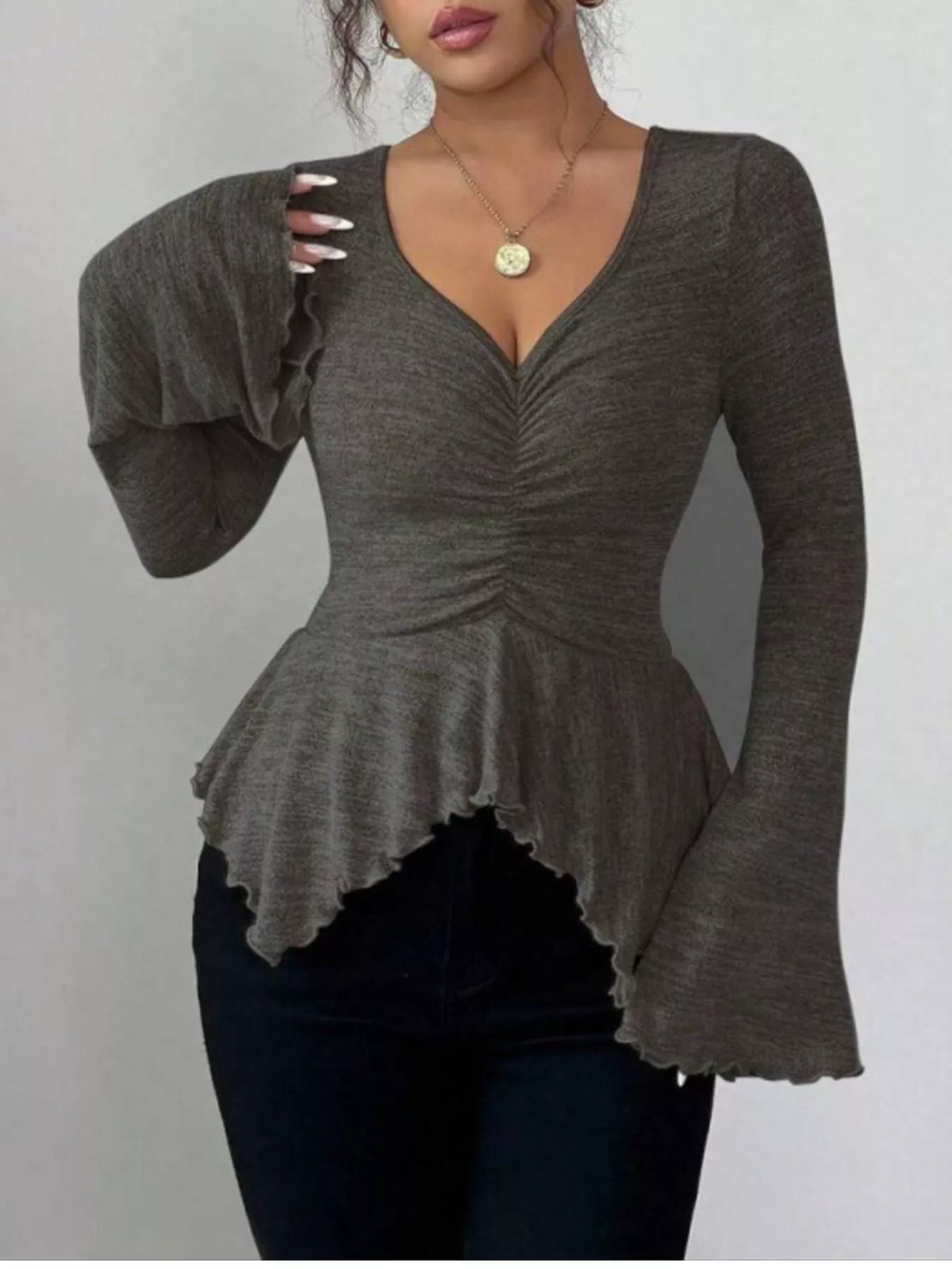 Ruched Flared Sleeves Peplum Top