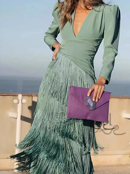 Plus size fringed puff sleeve dress, view 2