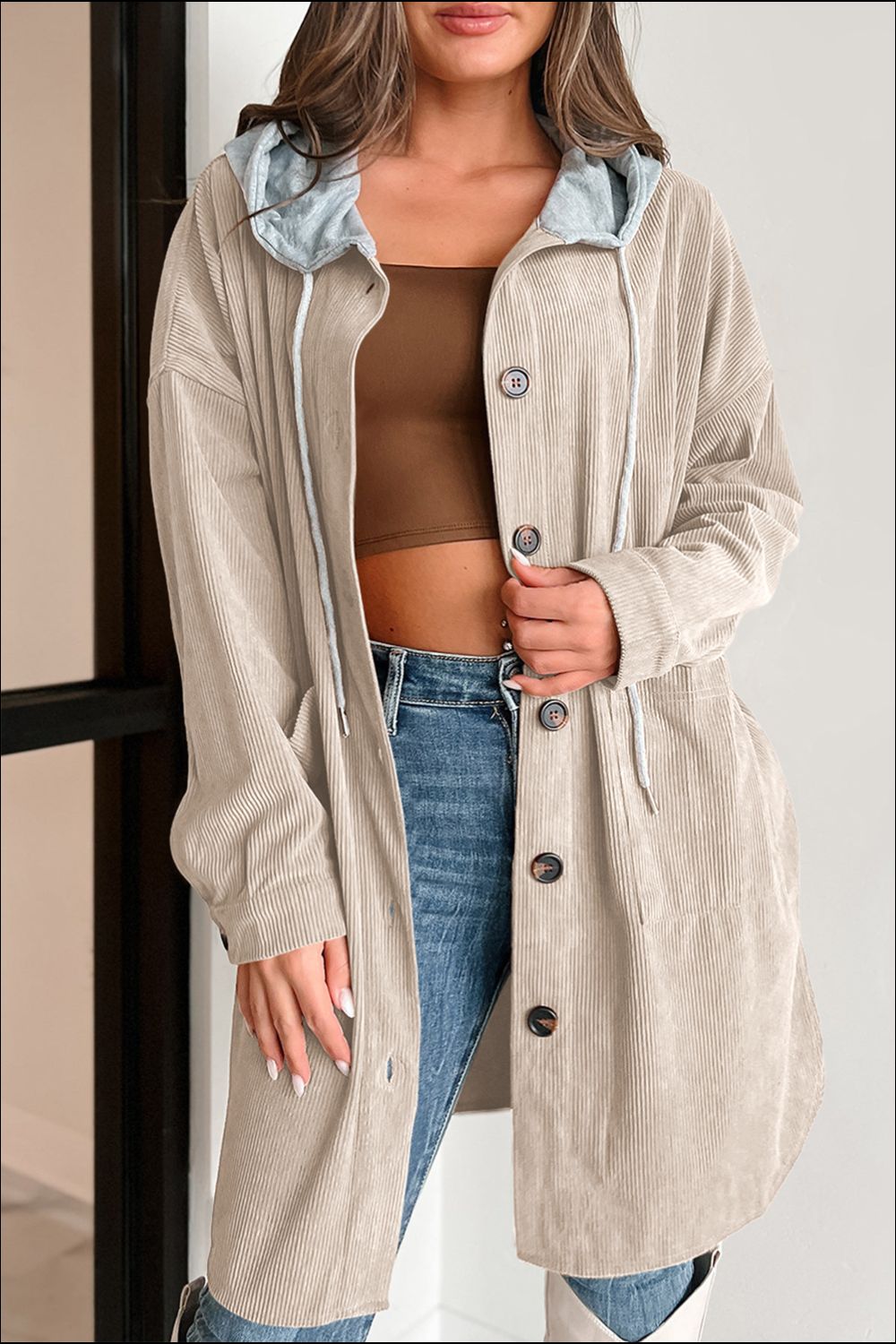 Drawstring Button Up Hooded Jacket