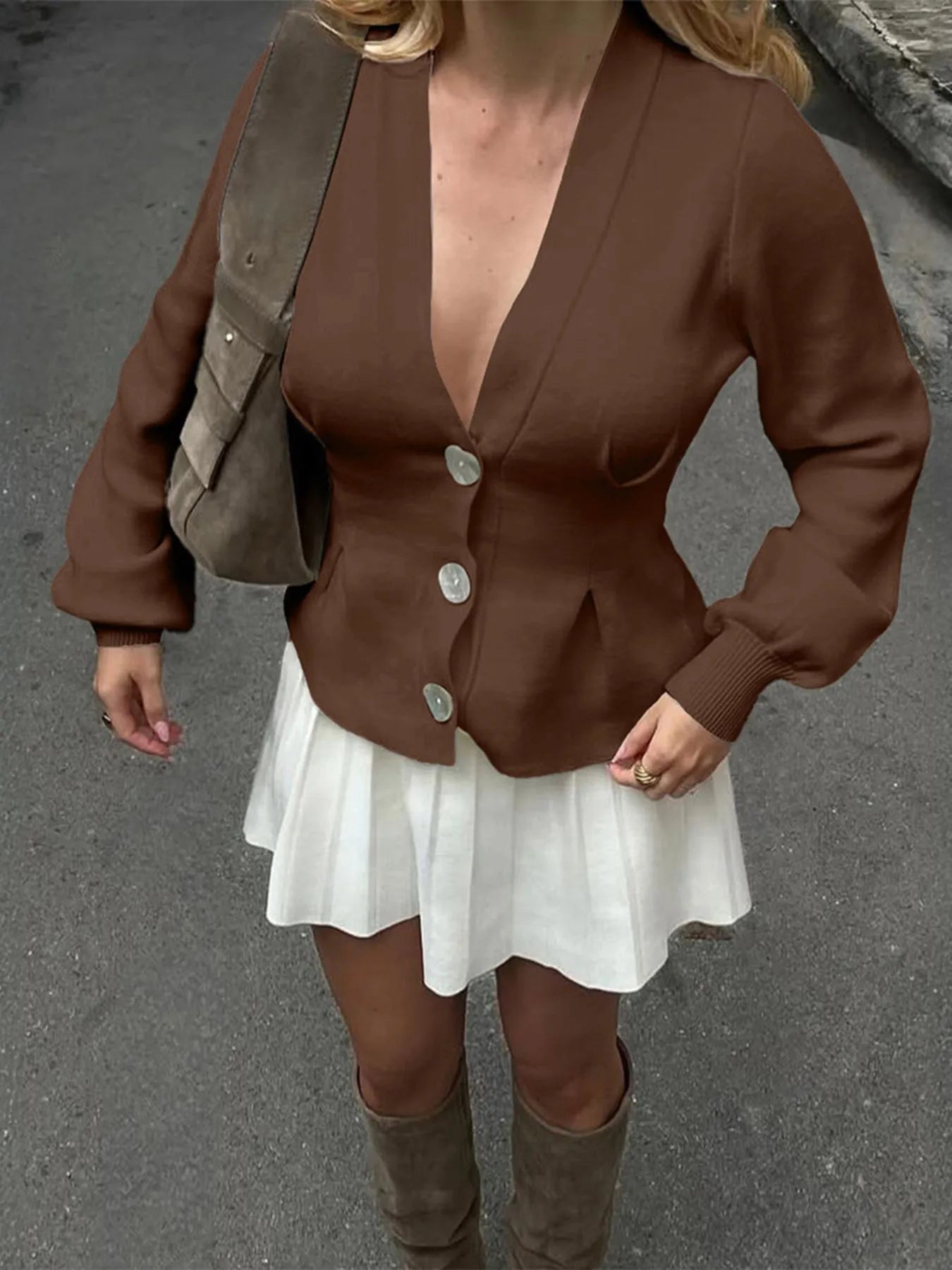 Button-Up V-Neck Knit Cardigan