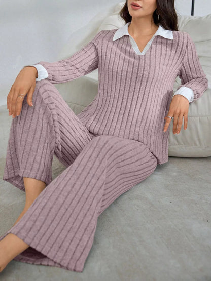 Ribbed Knit Polo Collar Top and Pants Lounge Set
