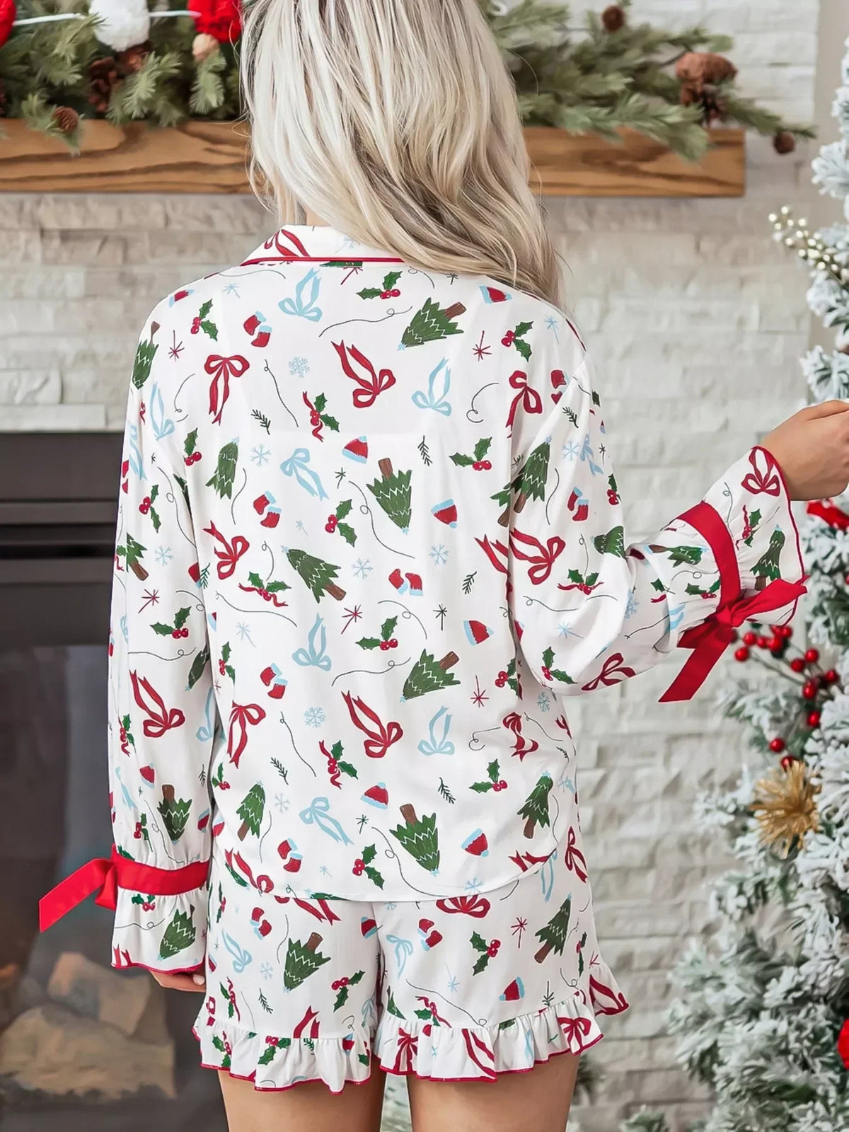 Christmas print ruffle cuff set, view 2