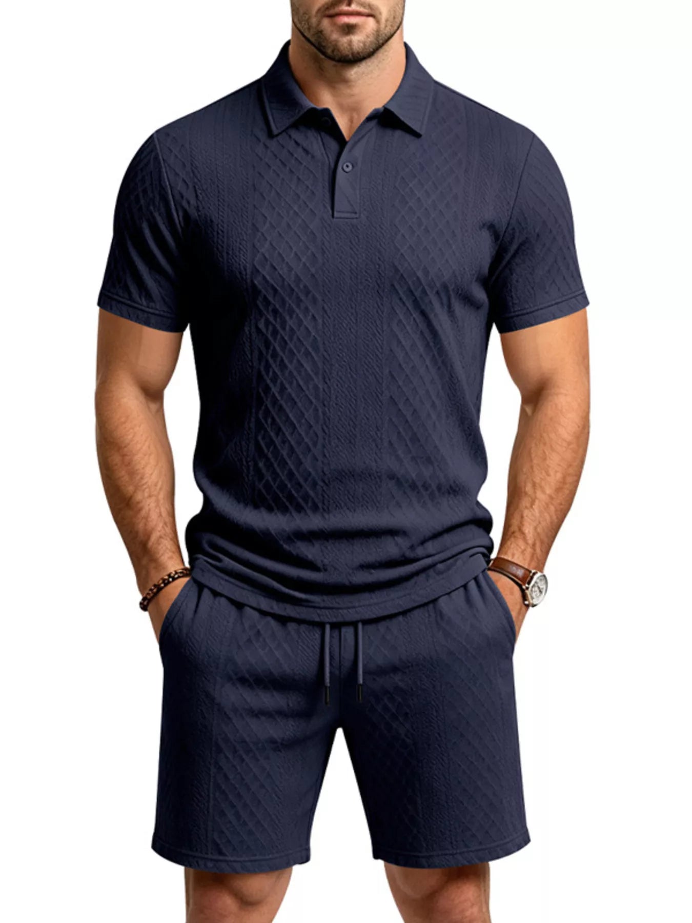 Men's Full Size Textured Short Sleeve Polo and Shorts Set Plus Size