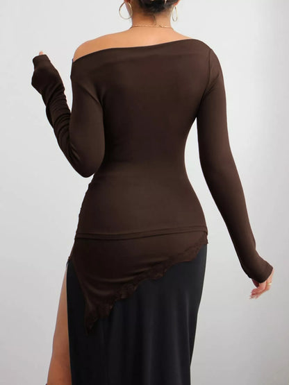 Asymmetrical One-Shoulder Ruched T-Shirt with Lace Trim