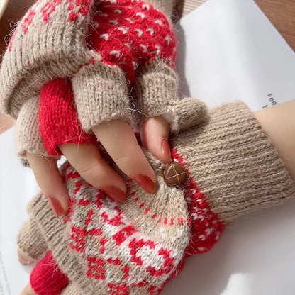 Convertible Knit Gloves with Nordic Pattern