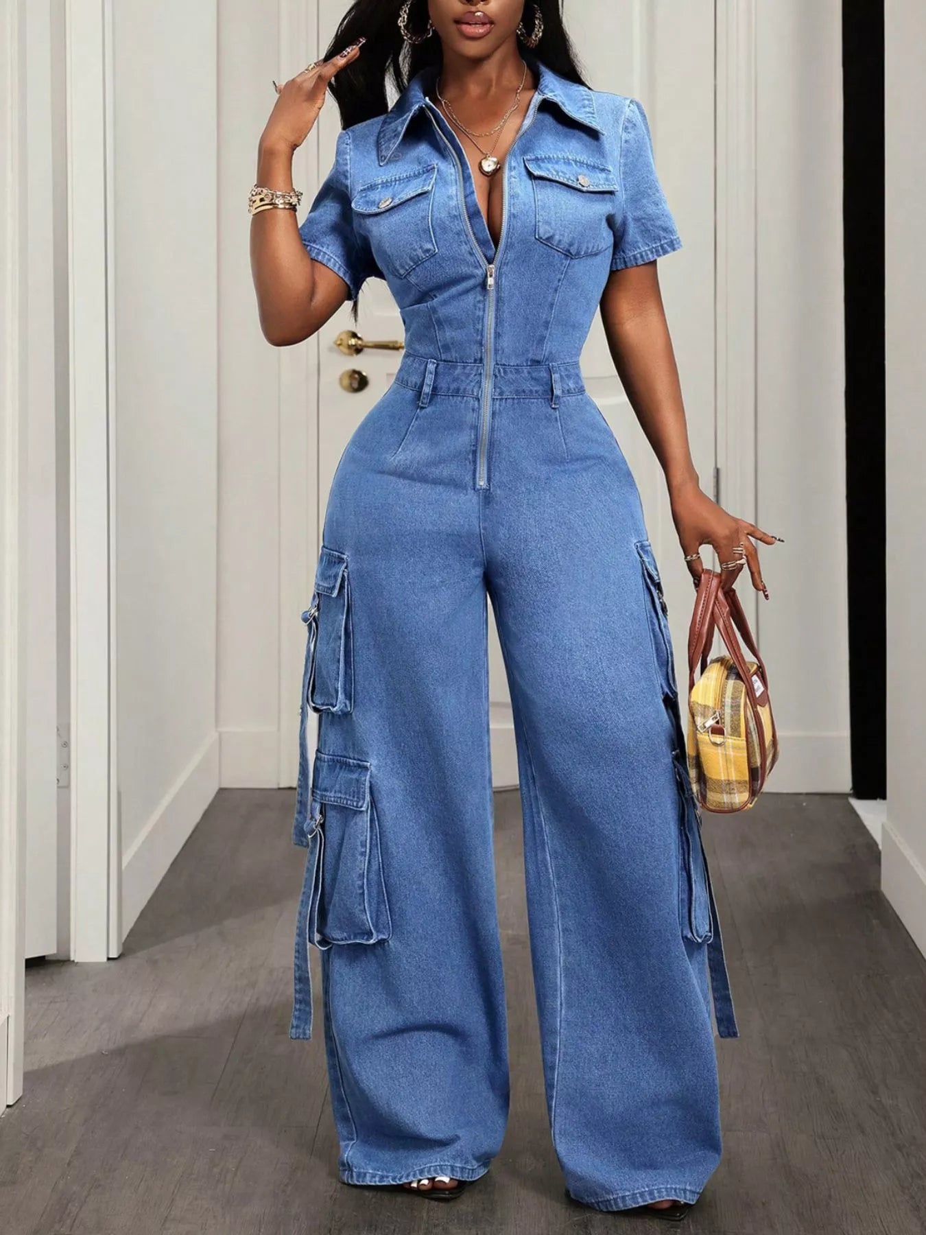 Zip Front Short Sleeve Denim Jumpsuit