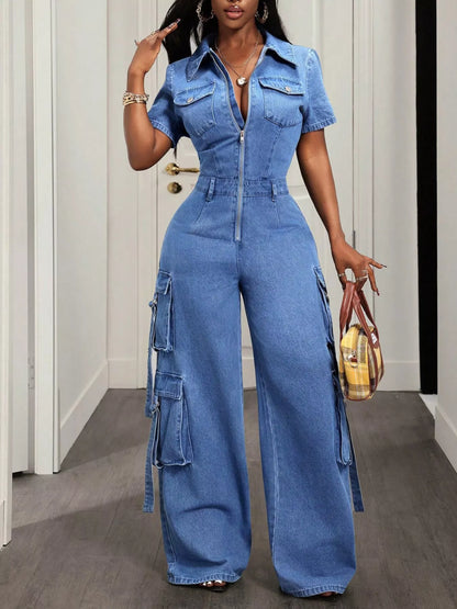 Zip Front Short Sleeve Denim Jumpsuit