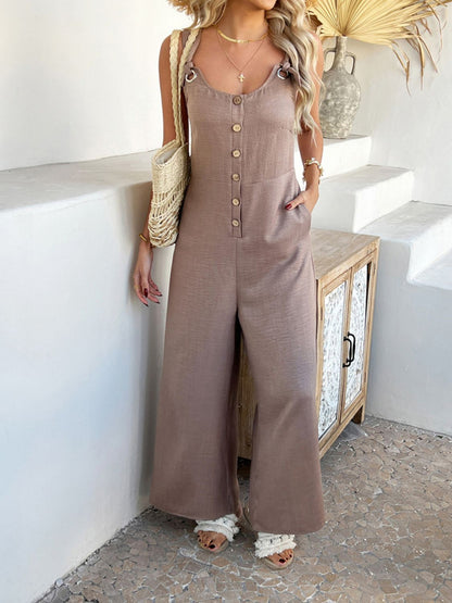 Button Front Wide Leg Jumpsuit