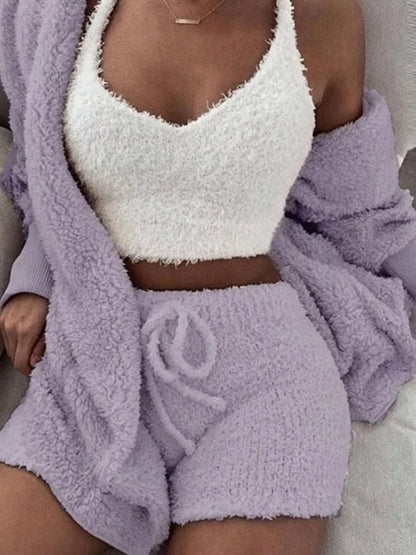 Plus Size 3-Piece Fuzzy Cardigan & Shorts Set
