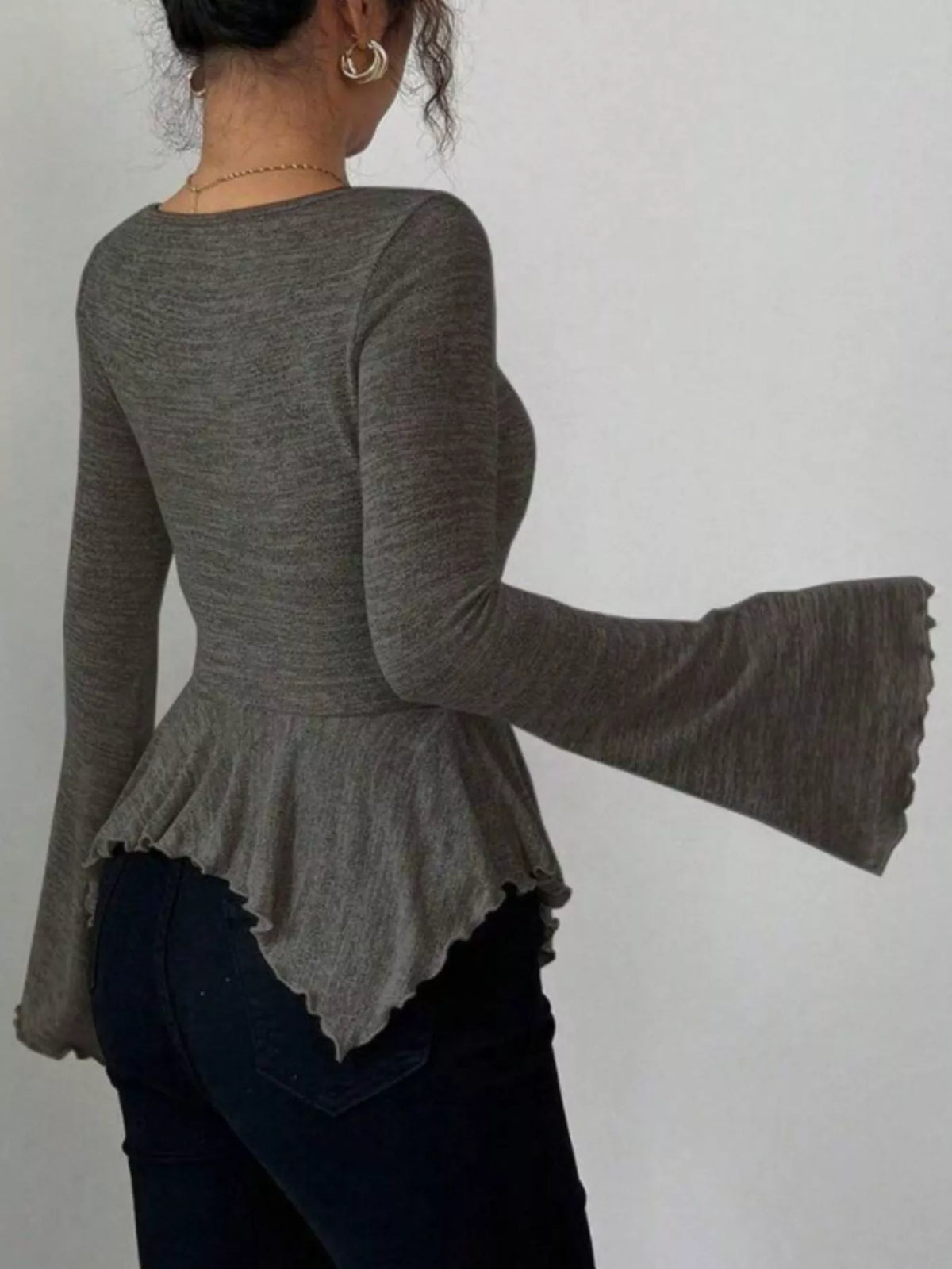 Ruched Flared Sleeves Peplum Top