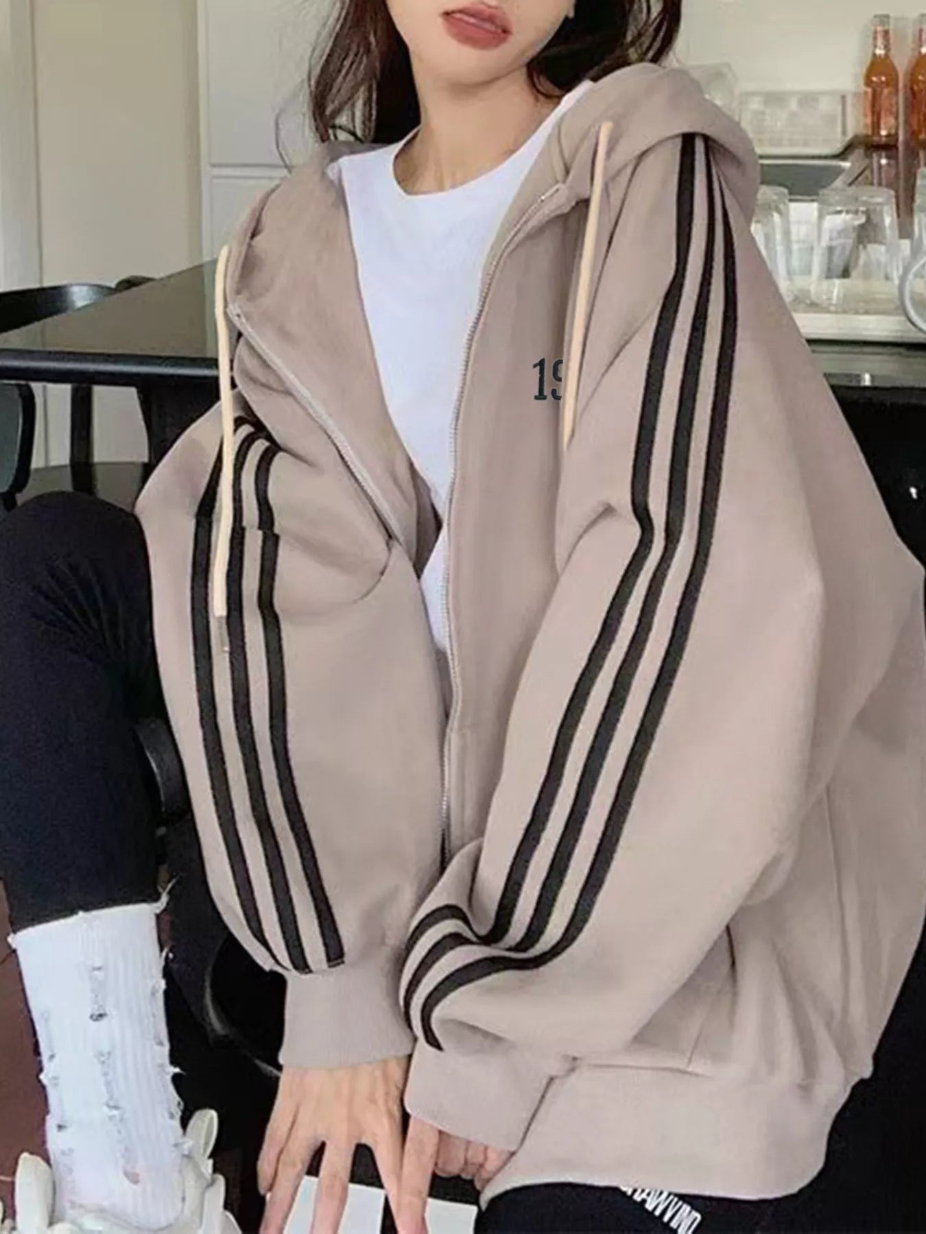 Striped Sleeve Zip-Up Hoodie