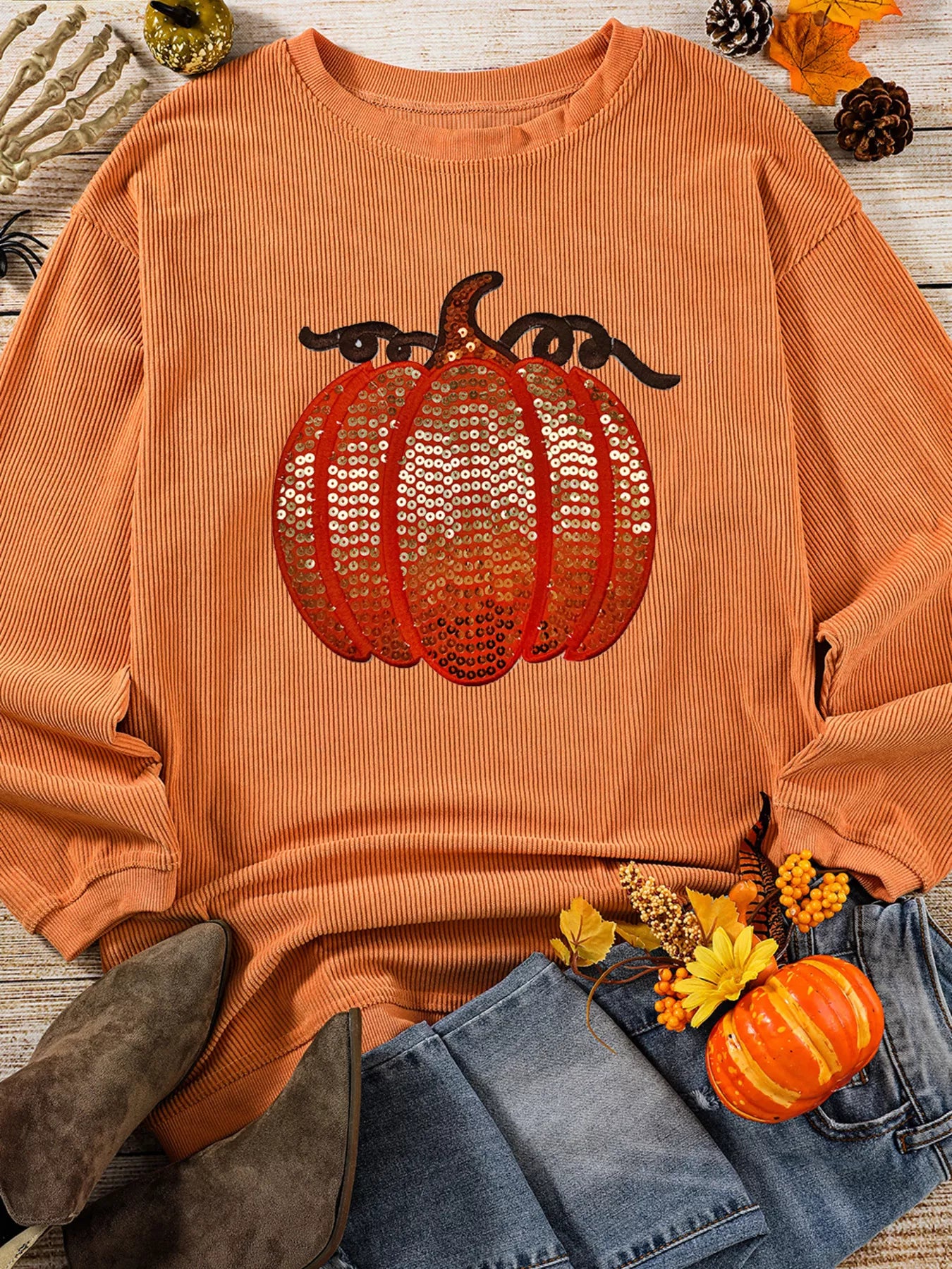 Halloween Sequined Pumpkin Sweatshirt