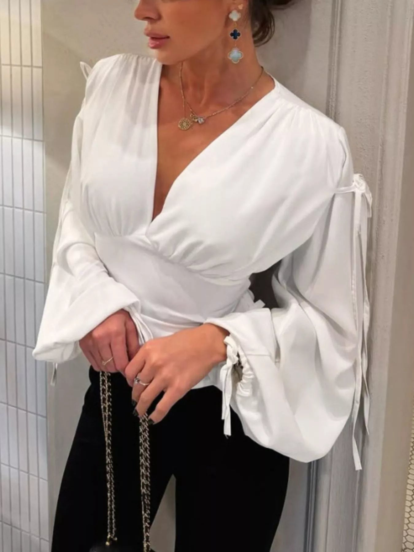 Tied V-Neck Balloon Sleeve Blouse