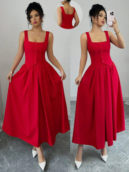 Square Neck Wide Strap Midi Dress