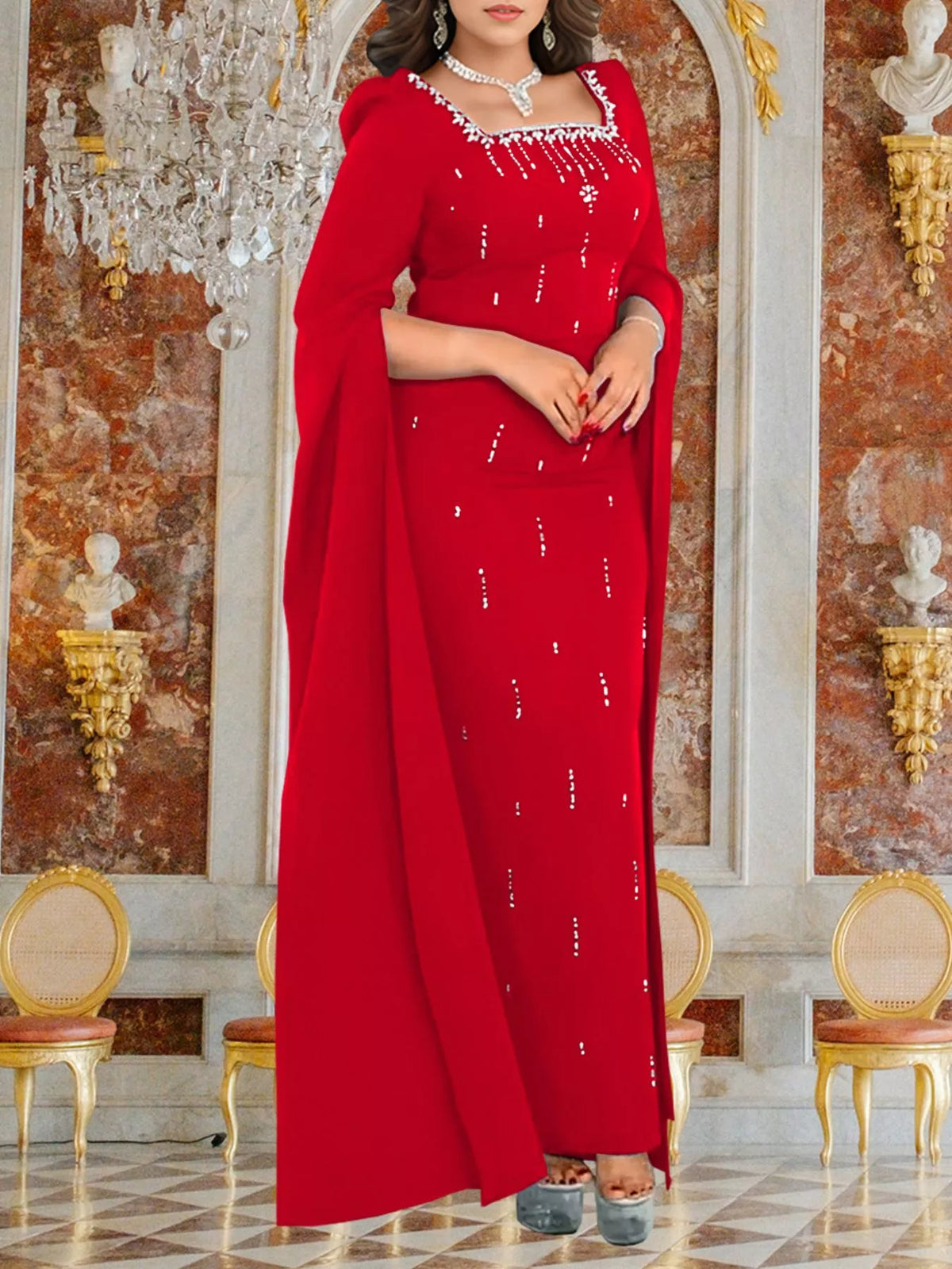 Rhinestone Square Neck Slit Sleeve Maxi Dress