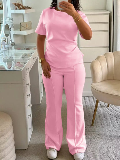 Round Neck Short Sleeve Top and Pants Set