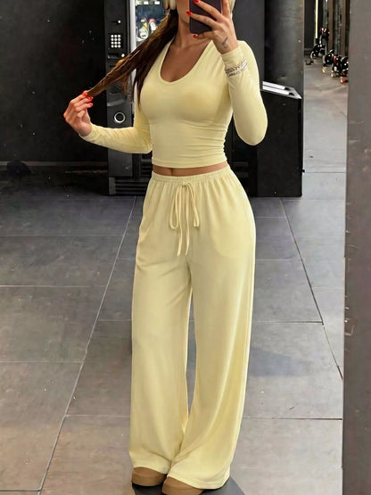 Yellow crop top and wide-leg pants set, view 2