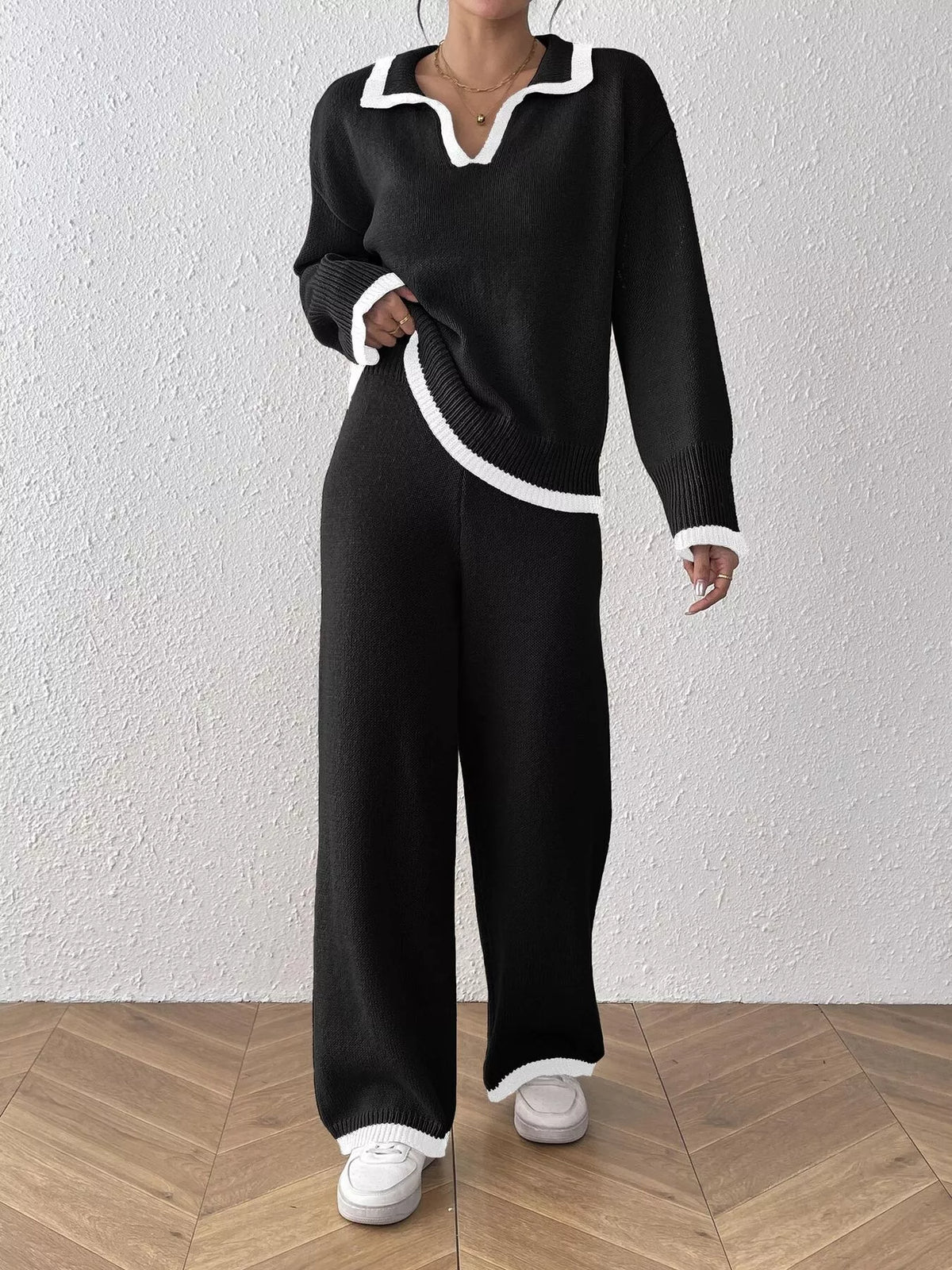 Contrast Trim Polo Collar Top and Pants Sweater Set