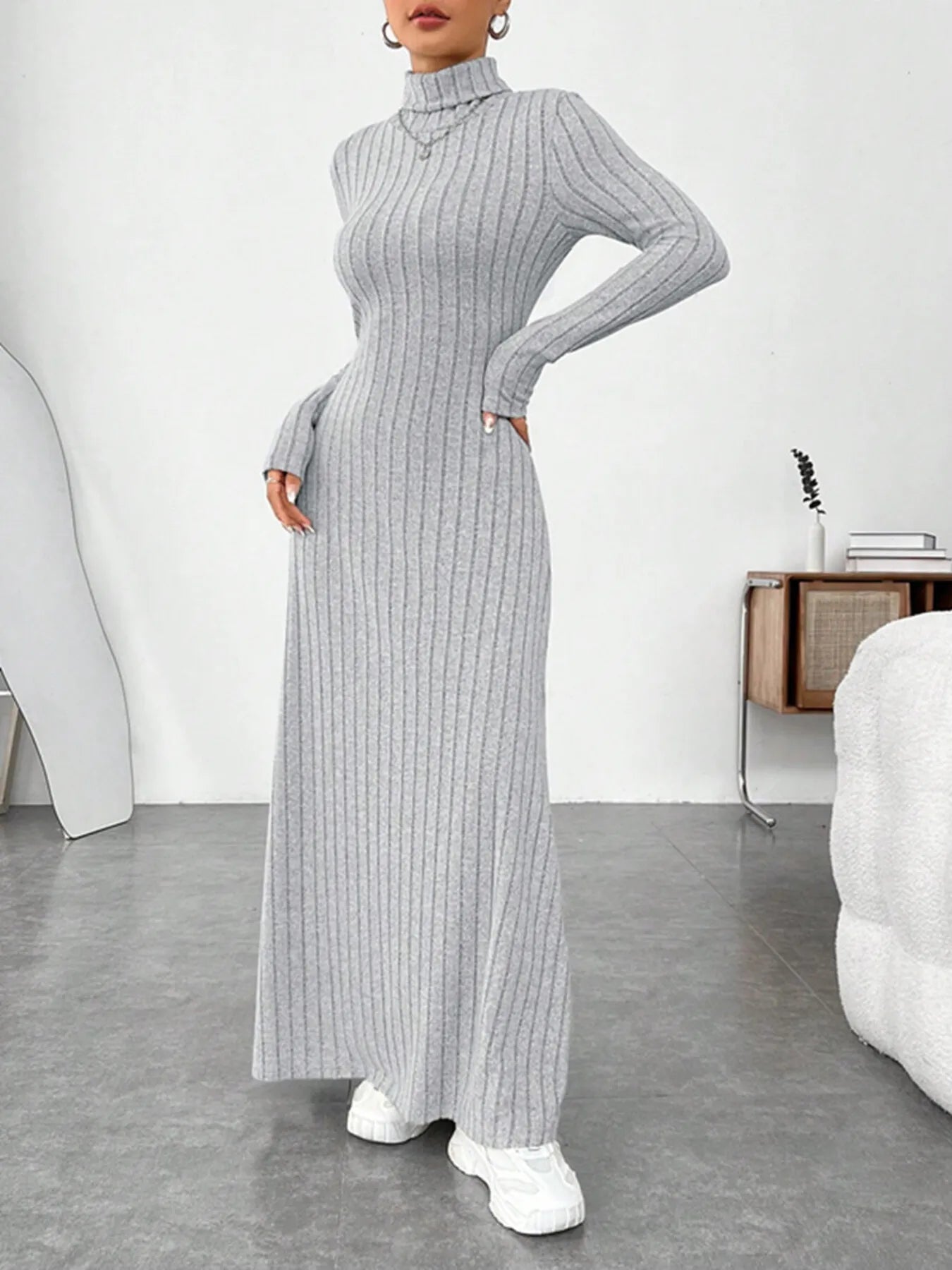Turtleneck Ribbed Maxi Knit Dress