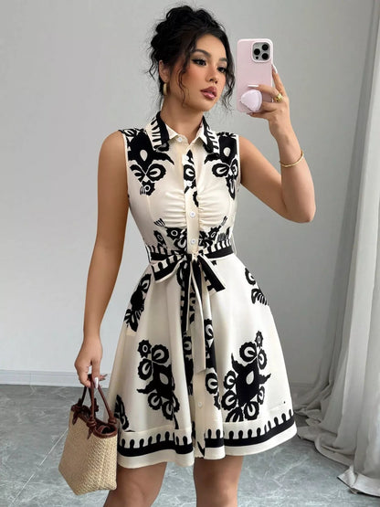 Sleeveless Ruched Printed Tie Waist Dress