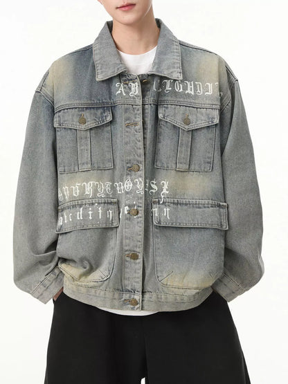 Men's Letter Print Washed Denim Jacket