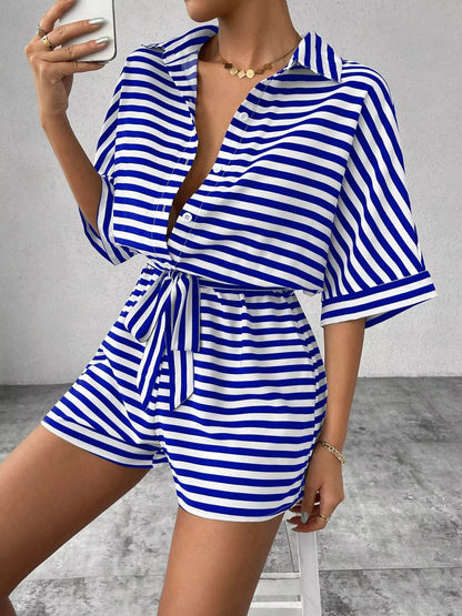 Striped Button Front Half Sleeve Romper