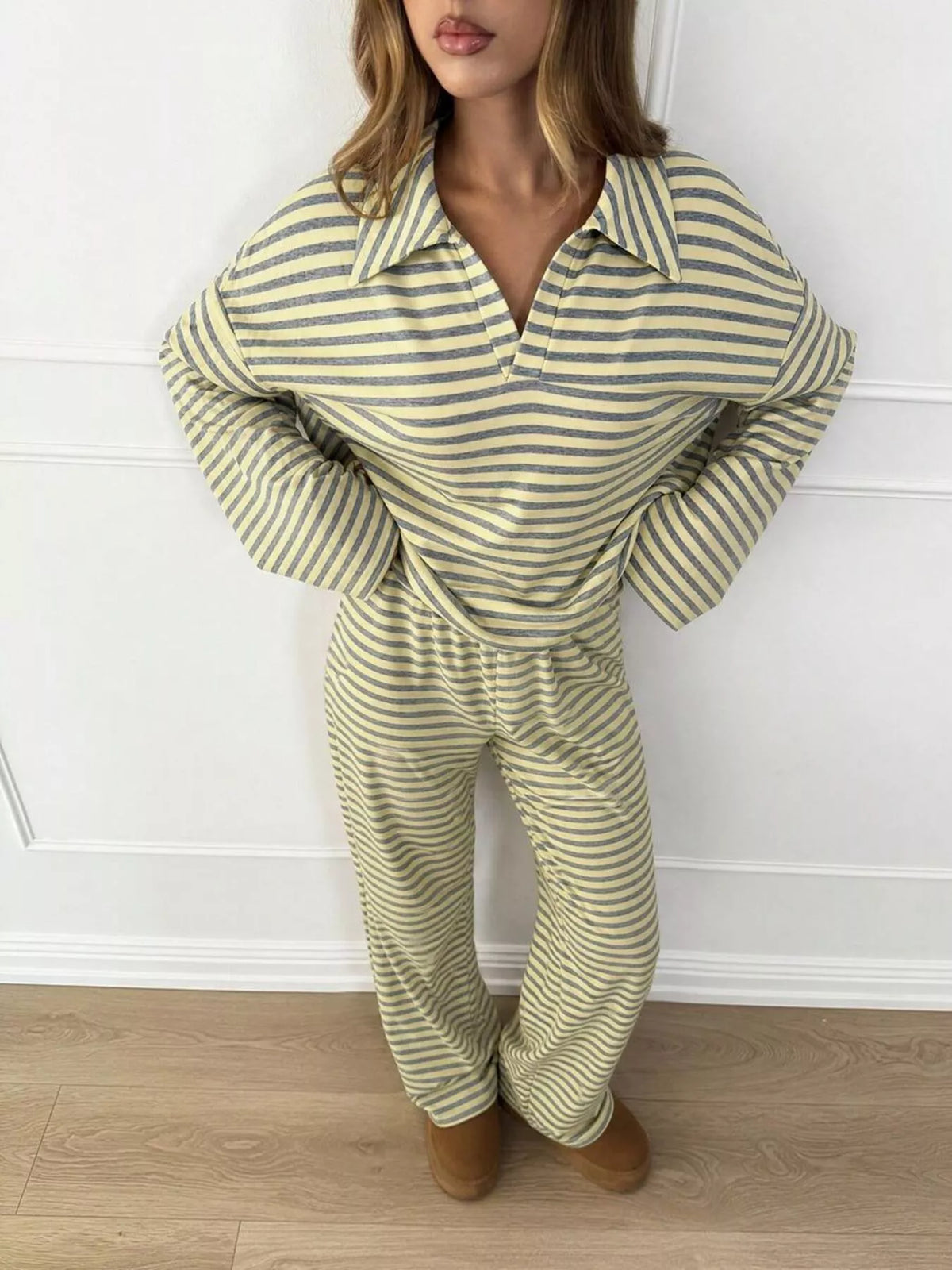 Striped polo top and pants set, view 17