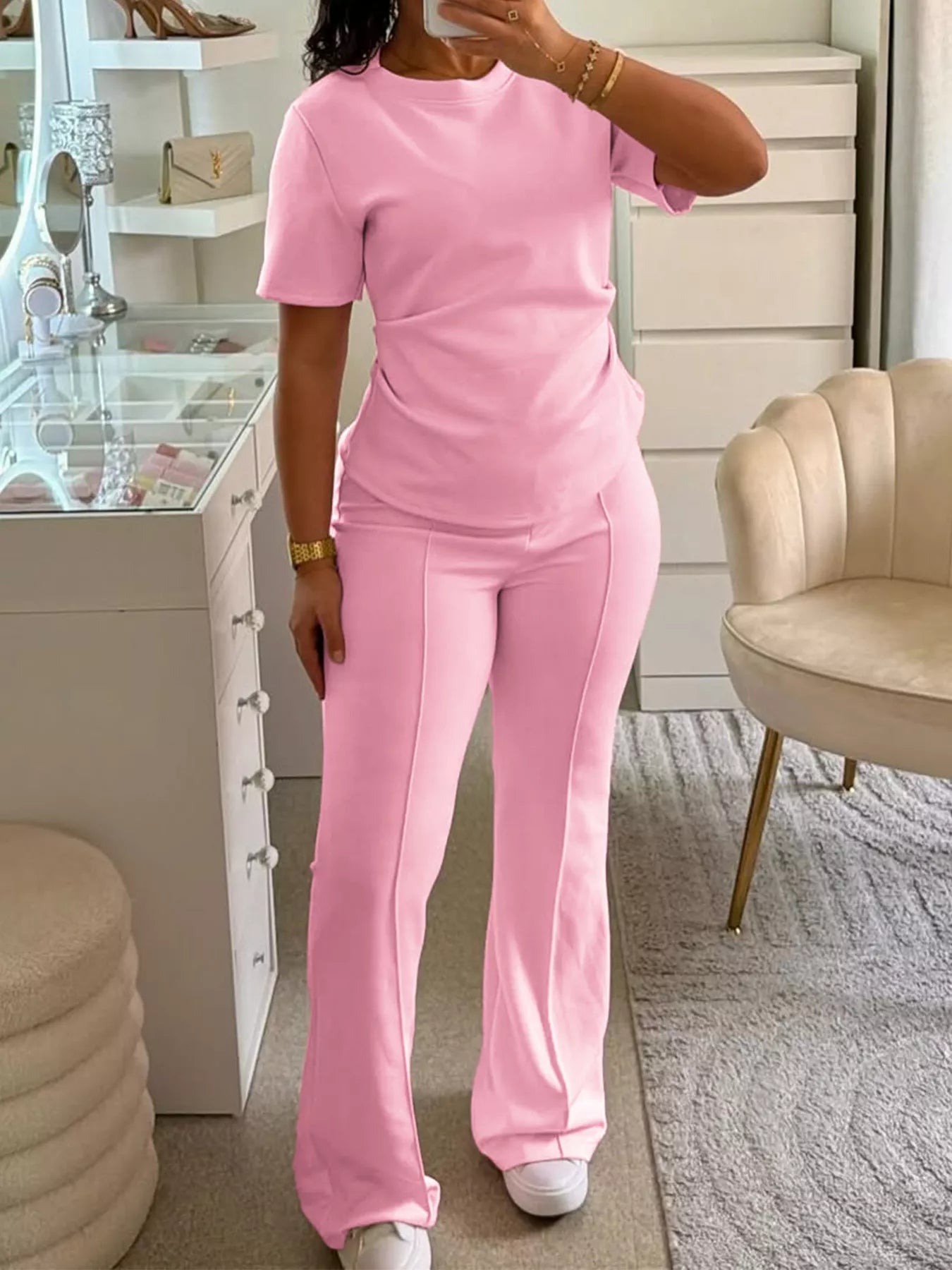 Round Neck Short Sleeve Top and Pants Set