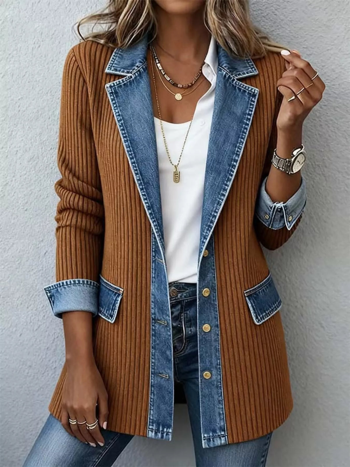 Full Size Denim Trim Ribbed Knit Jacket Plus Size