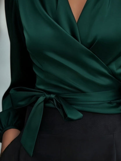 Satin Tie Waist Wrap Blouse