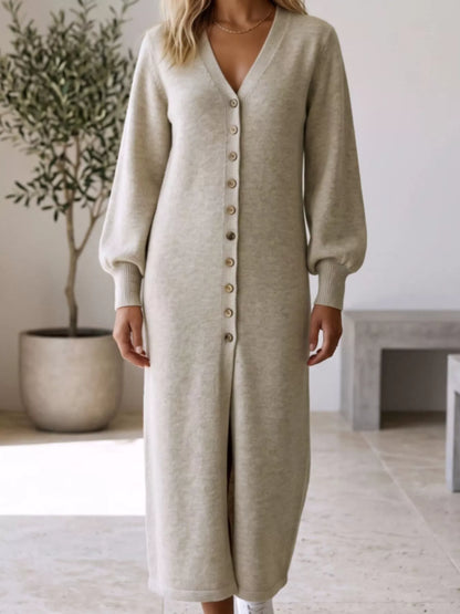 Stretchy long sleeve sweater dress with button front
