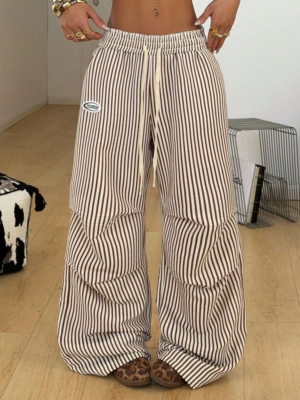 High-Waisted Striped Wide-Leg Cargo Pants