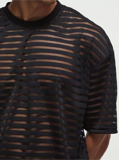 Men's Sheer Striped Round Neck T-Shirt
