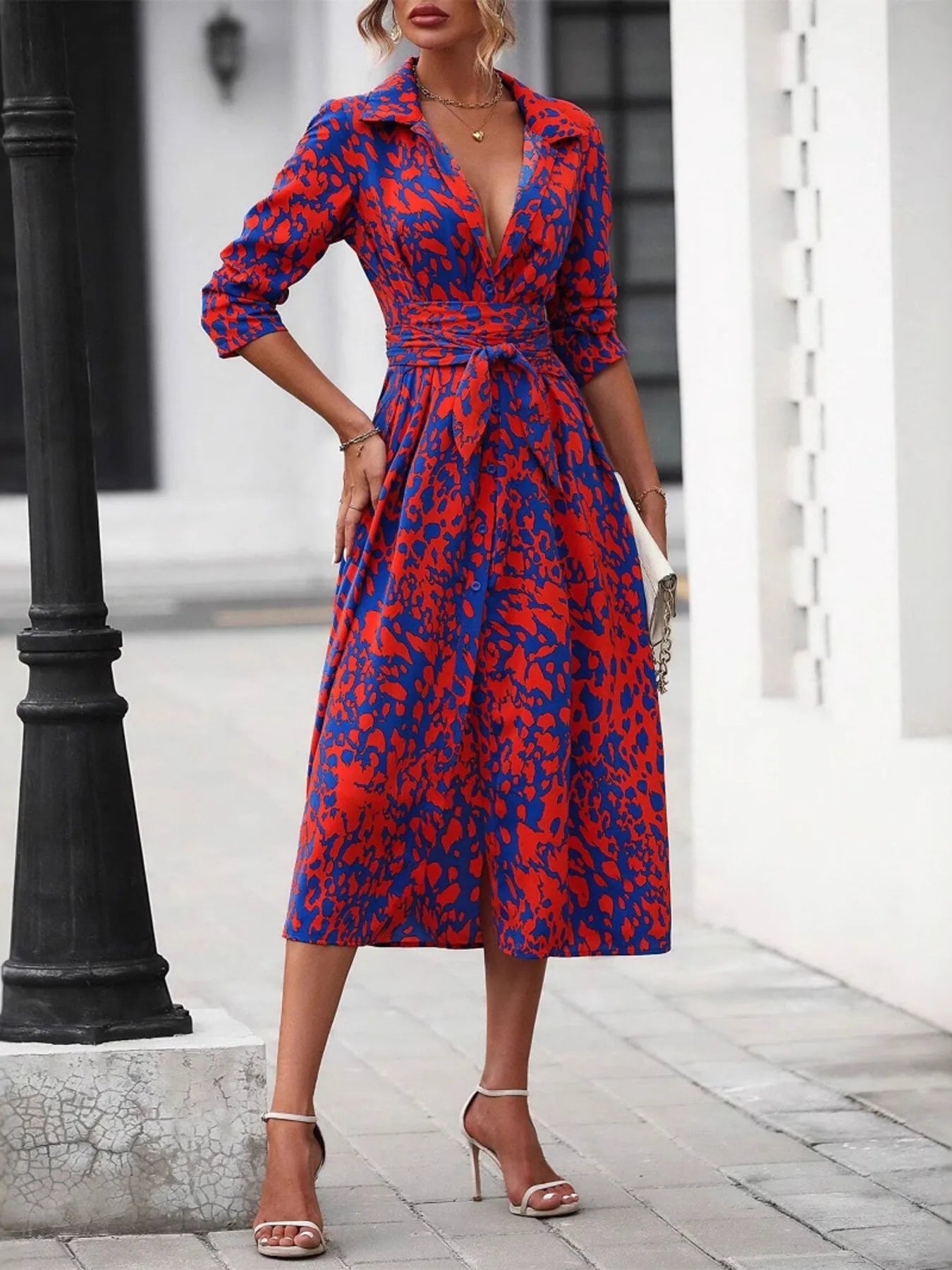 Printed Long Sleeve Shirt Dress