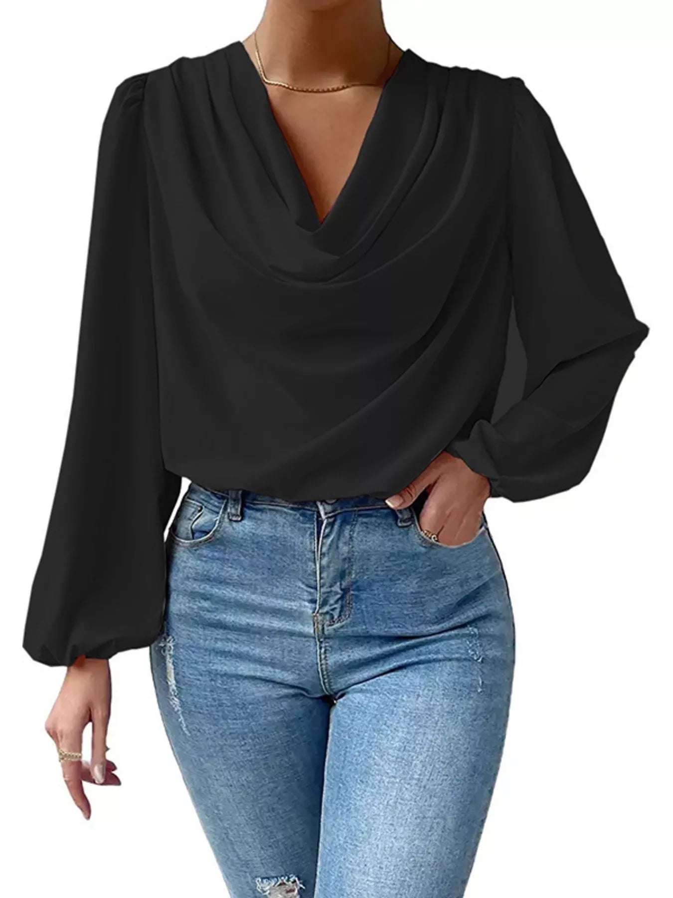 Full Size Cowl Neck Balloon Sleeve Blouse