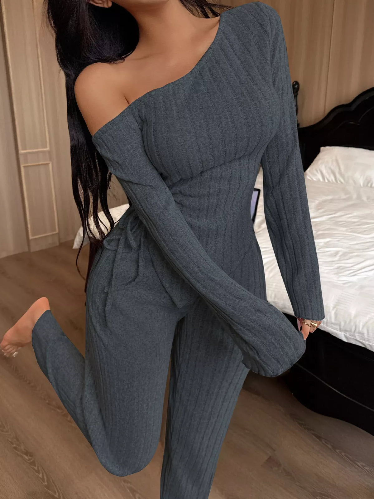 One-Shoulder Ribbed Knit Top and Pants Set
