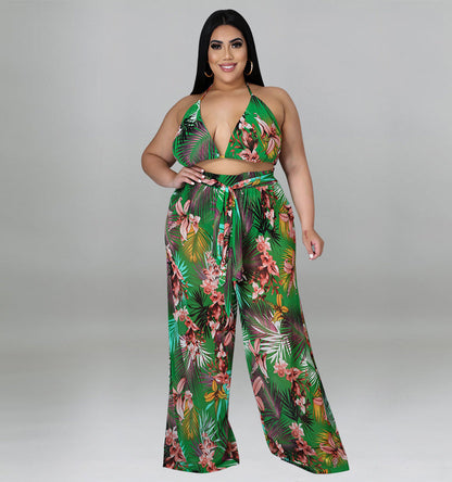 Plus Size Vacation Print Three Piece Set