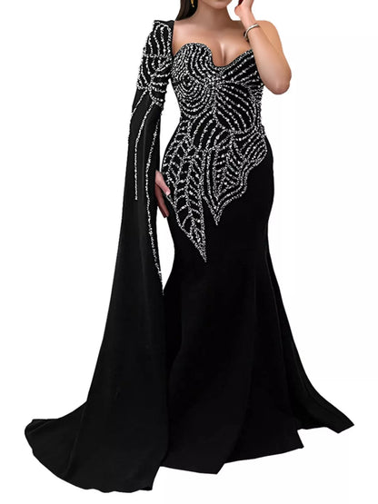 Rhinestone Pearl Detail One-Shoulder Mermaid Maxi Dress