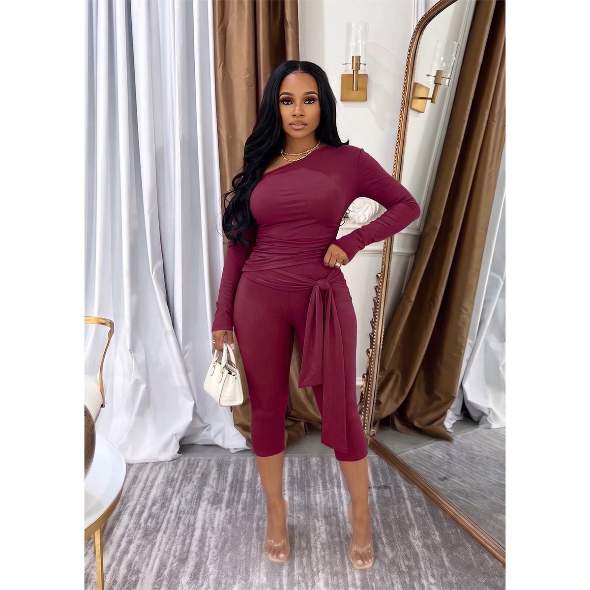 Long-Sleeve Round-Neck Fold-Detail Pants Set