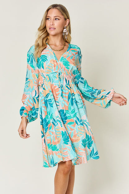 Printed V-Neck Drawstring Dress