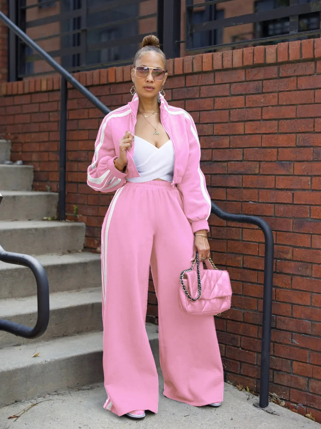 Striped zipper thick hoodie two-piece set