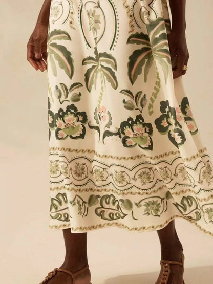 Palm Print V-Neck Midi Dress