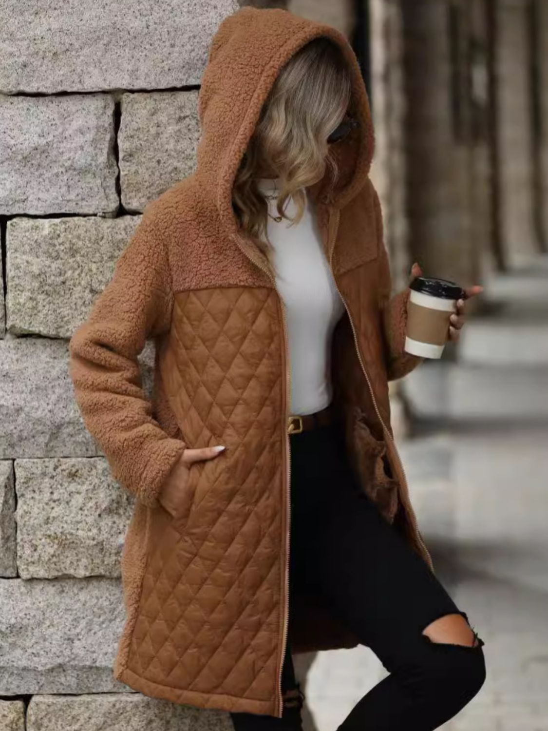 Textured Long Sleeve Hooded Coat