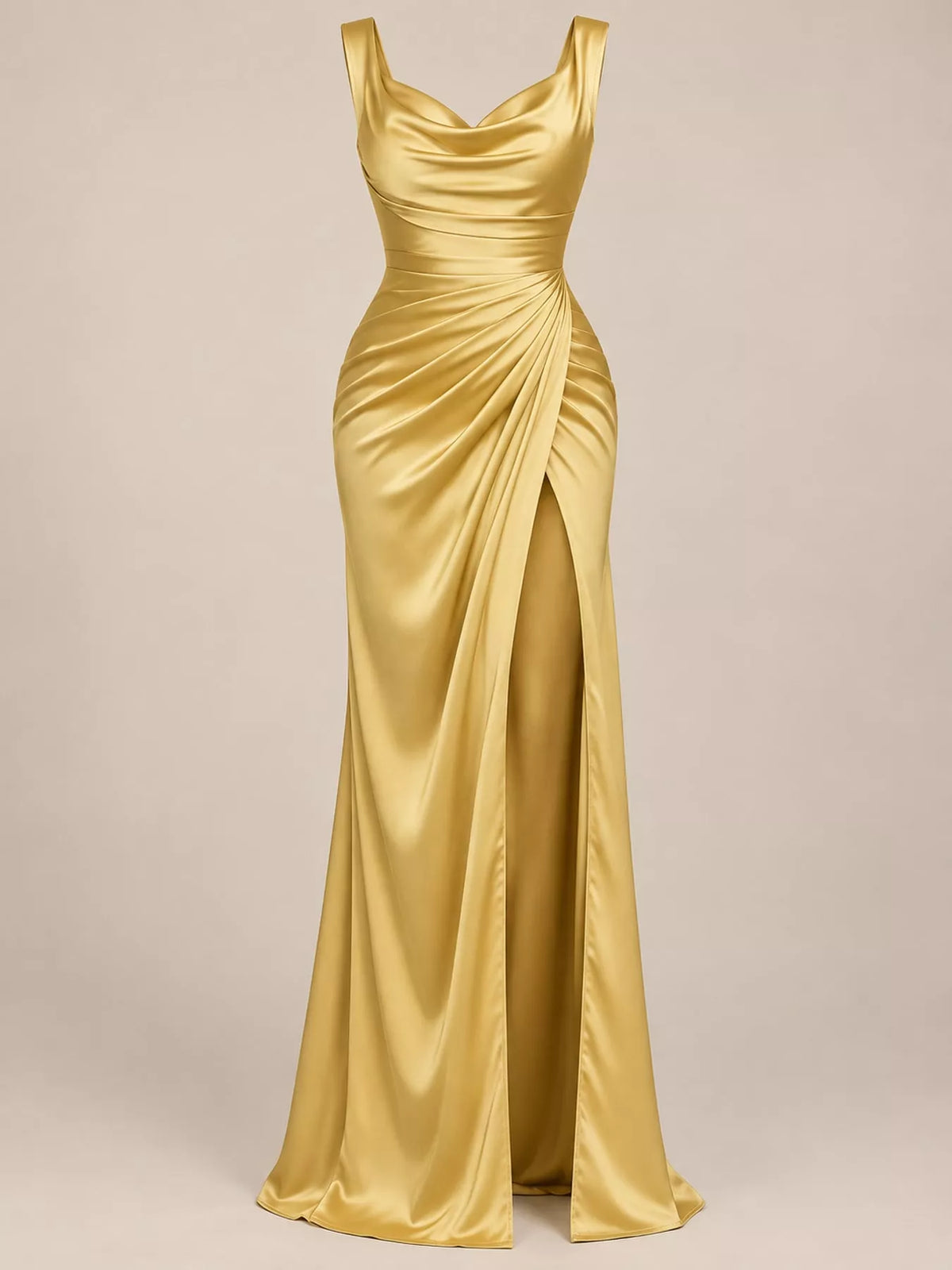 Satin cowl neck dress with high slit, view 37
