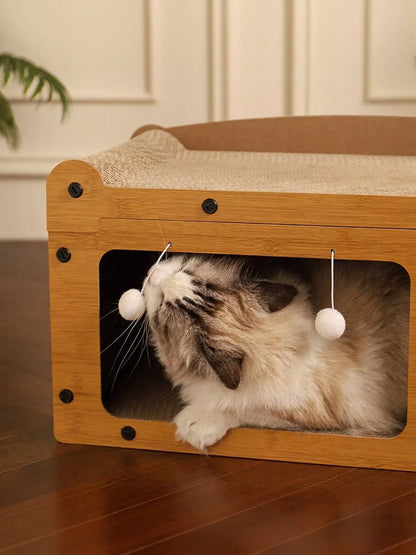 Wooden Cat House with Scratching Pad