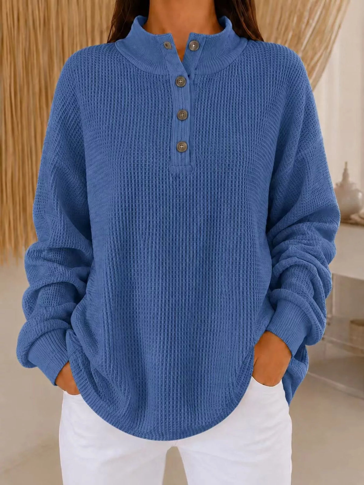 Full Size Waffle Knit Button Detail Sweatshirt Plus Size